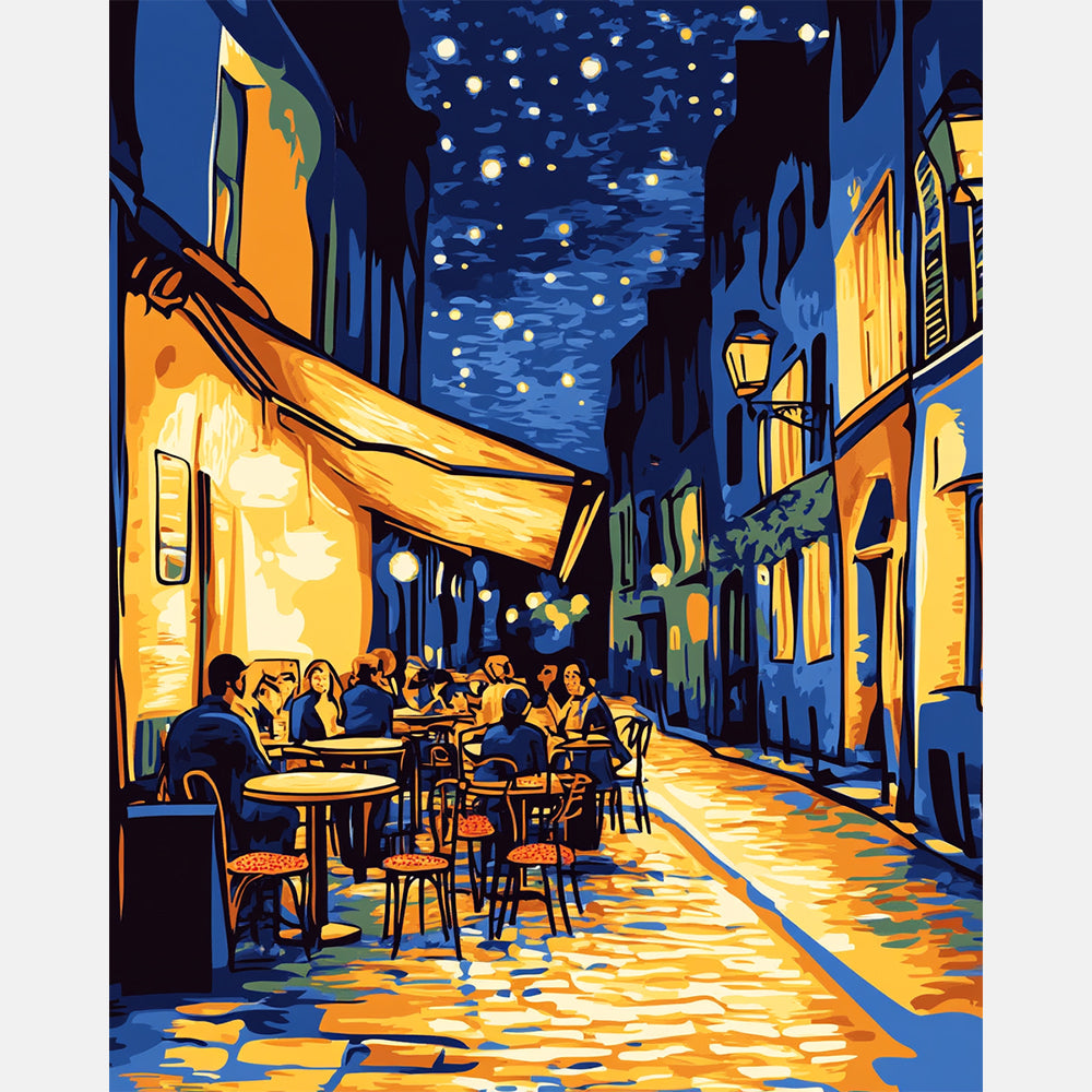 Night Street Cafe Paint by Numbers Kit design preview showing the full artwork layout before painting