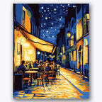Paint by numbers design of outdoor cafe, street diners, starry sky, cobblestone street