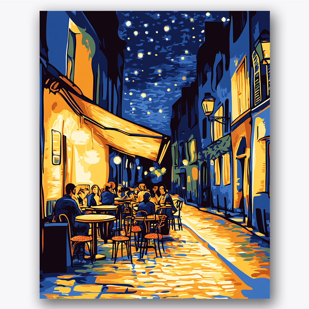 Paint by numbers design of outdoor cafe, street diners, starry sky, cobblestone street