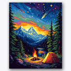 Paint by numbers design of campfire, mountains, glowing campfire, starry night sky