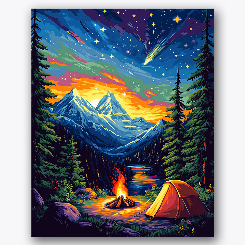Paint by numbers design of campfire, mountains, glowing campfire, starry night sky