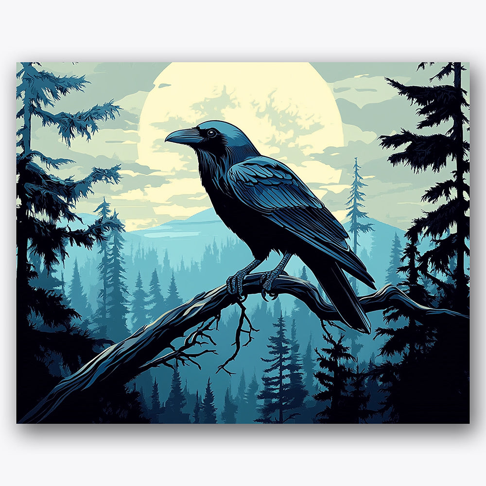 Paint by numbers design of raven, full moon, raven on branch, full moon glow, A raven perches quietly on a branch