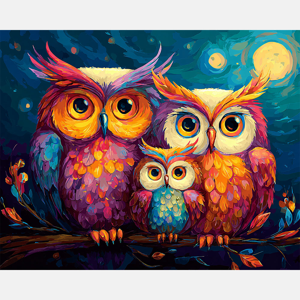 Nocturnal Owl FamilyPaint by Numbers Kit design preview showing the full artwork layout before painting