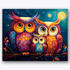 Paint by numbers design of owls, moons, bright plumage details, large expressive eyes