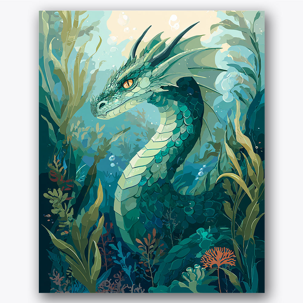 Paint by numbers design of sea dragon, underwater plants, vivid sea dragon scales, bubbles rising in water