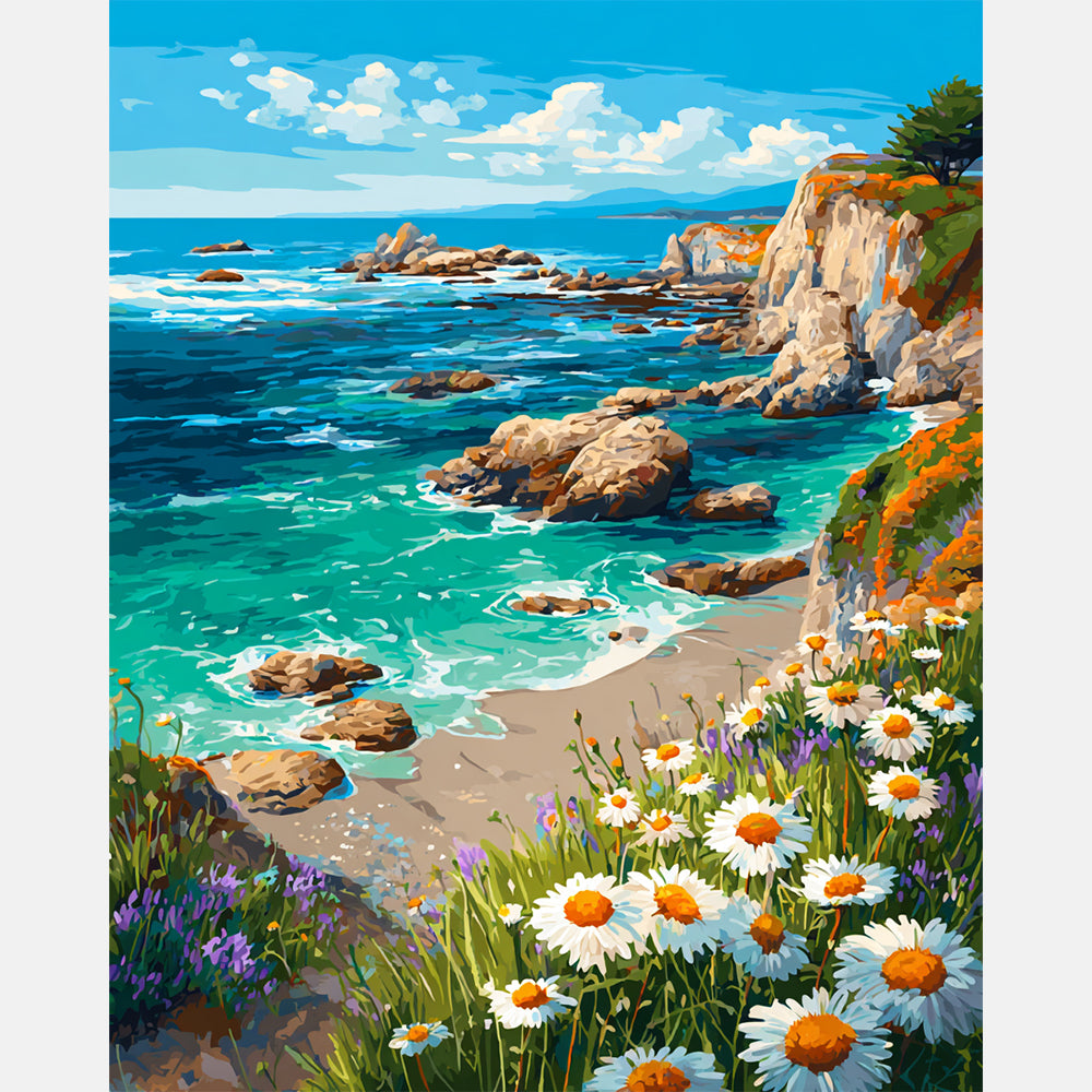 Ocean Edge Blossoms Paint by Numbers Kit design preview showing the full artwork layout before painting