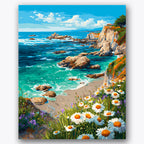 Paint by numbers design of wildflowers, rocky coastline, bright white daisies, crashing ocean waves