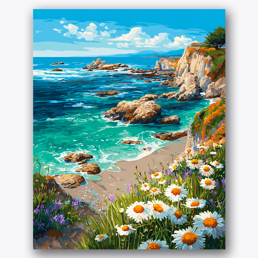 Paint by numbers design of wildflowers, rocky coastline, bright white daisies, crashing ocean waves