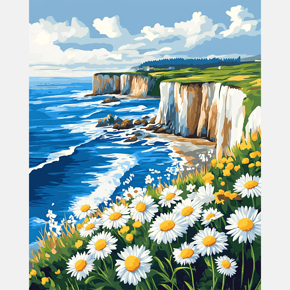 Ocean Edge Daisies Paint by Numbers Kit design preview showing the full artwork layout before painting
