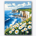 Paint by numbers design of daisies, cliffside, vibrant white daisies, rocky cliff formations