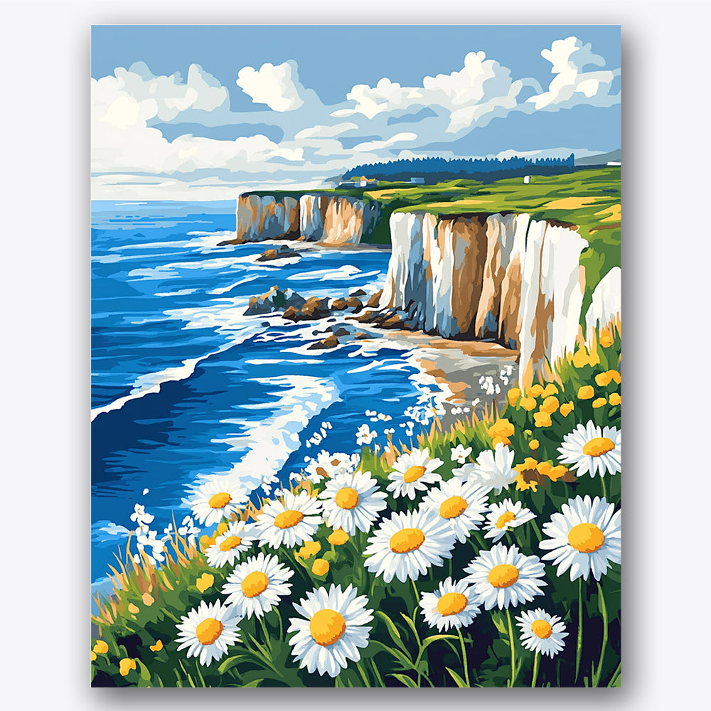 Paint by numbers design of daisies, cliffside, vibrant white daisies, rocky cliff formations