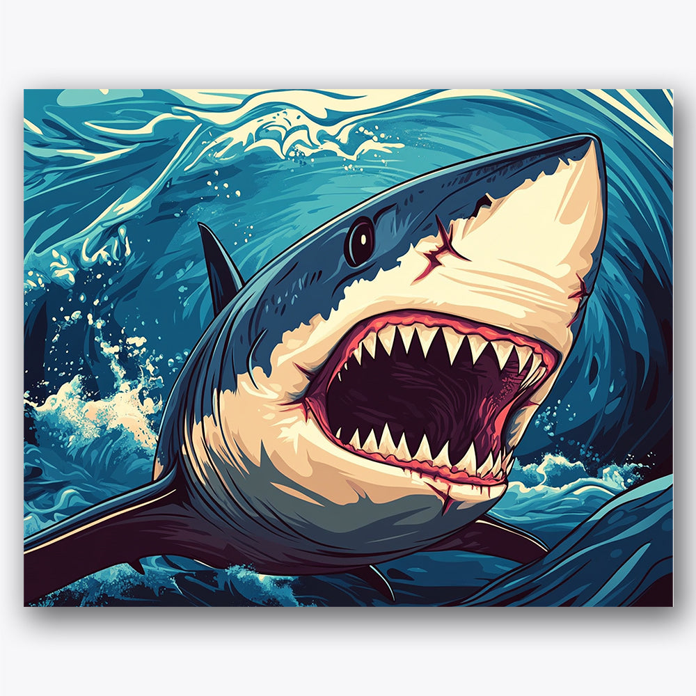 Paint by numbers design of great white shark, ocean waves, sharp teeth detail, cresting ocean waves