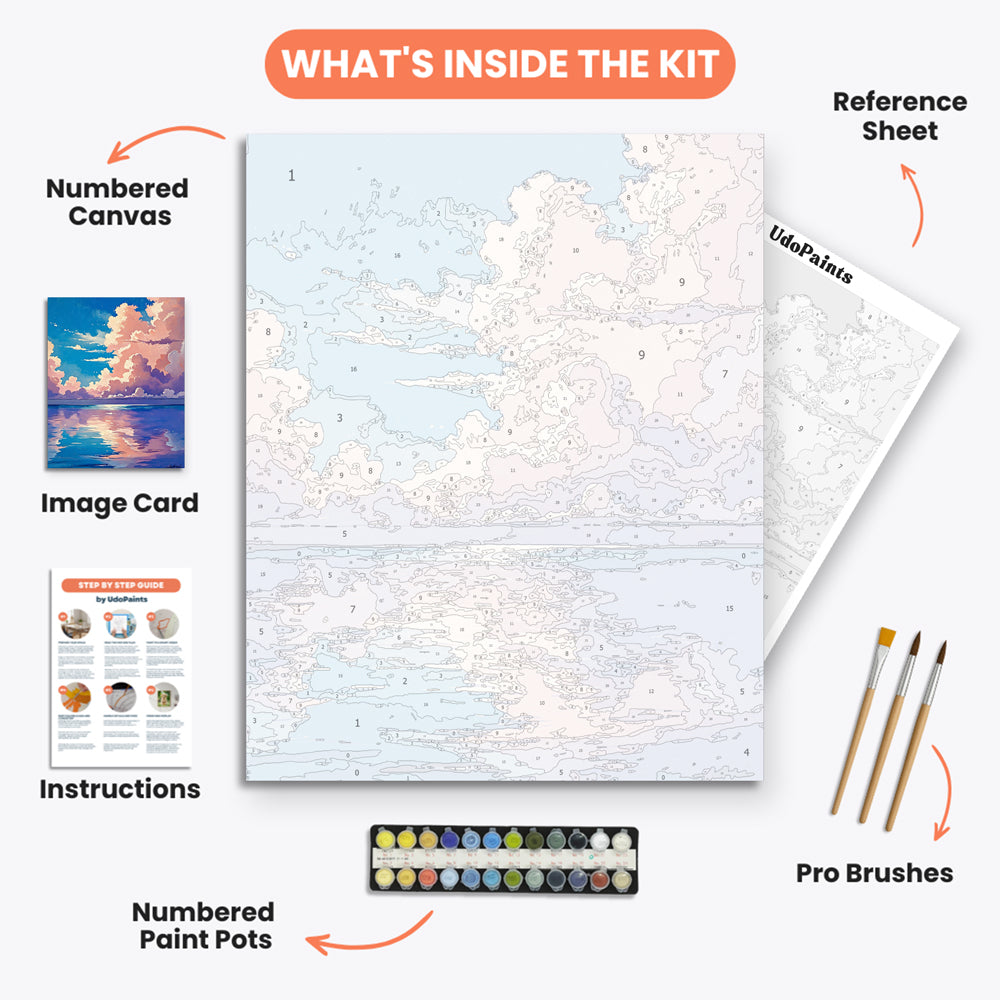 Ocean Reflections Paint by Numbers Kit – includes numbered canvas, paint pots, brushes, and instructions