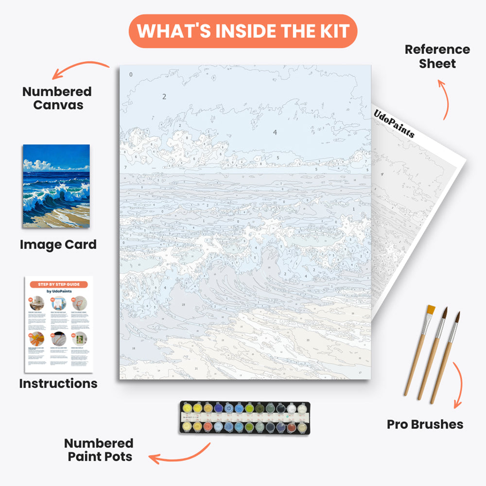 Ocean Serenity Paint by Numbers Kit – includes numbered canvas, paint pots, brushes, and instructions