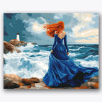 Paint by numbers design of woman, lighthouse, flowing blue dress, stormy sea waves