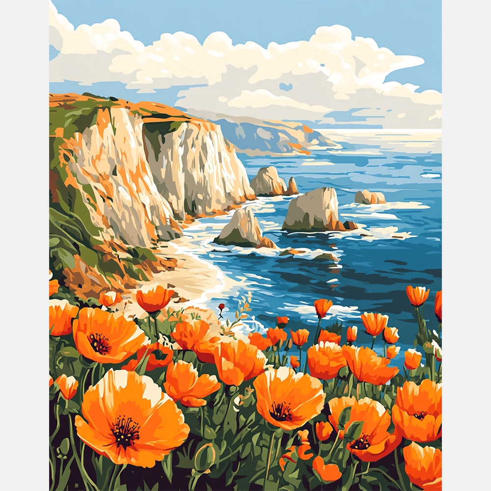 Oceanfront Poppies Paint by Numbers Kit design preview showing the full artwork layout before painting