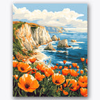 Paint by numbers design of poppies, coastal cliffs, vibrant orange poppies, rugged coastal cliffs