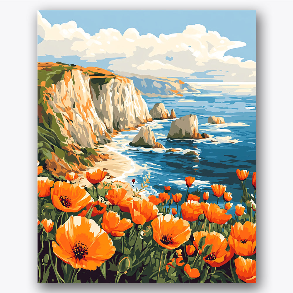 Paint by numbers design of poppies, coastal cliffs, vibrant orange poppies, rugged coastal cliffs