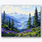 Paint by numbers design of mountains, purple wildflowers, snow-capped peaks, purple wildflowers