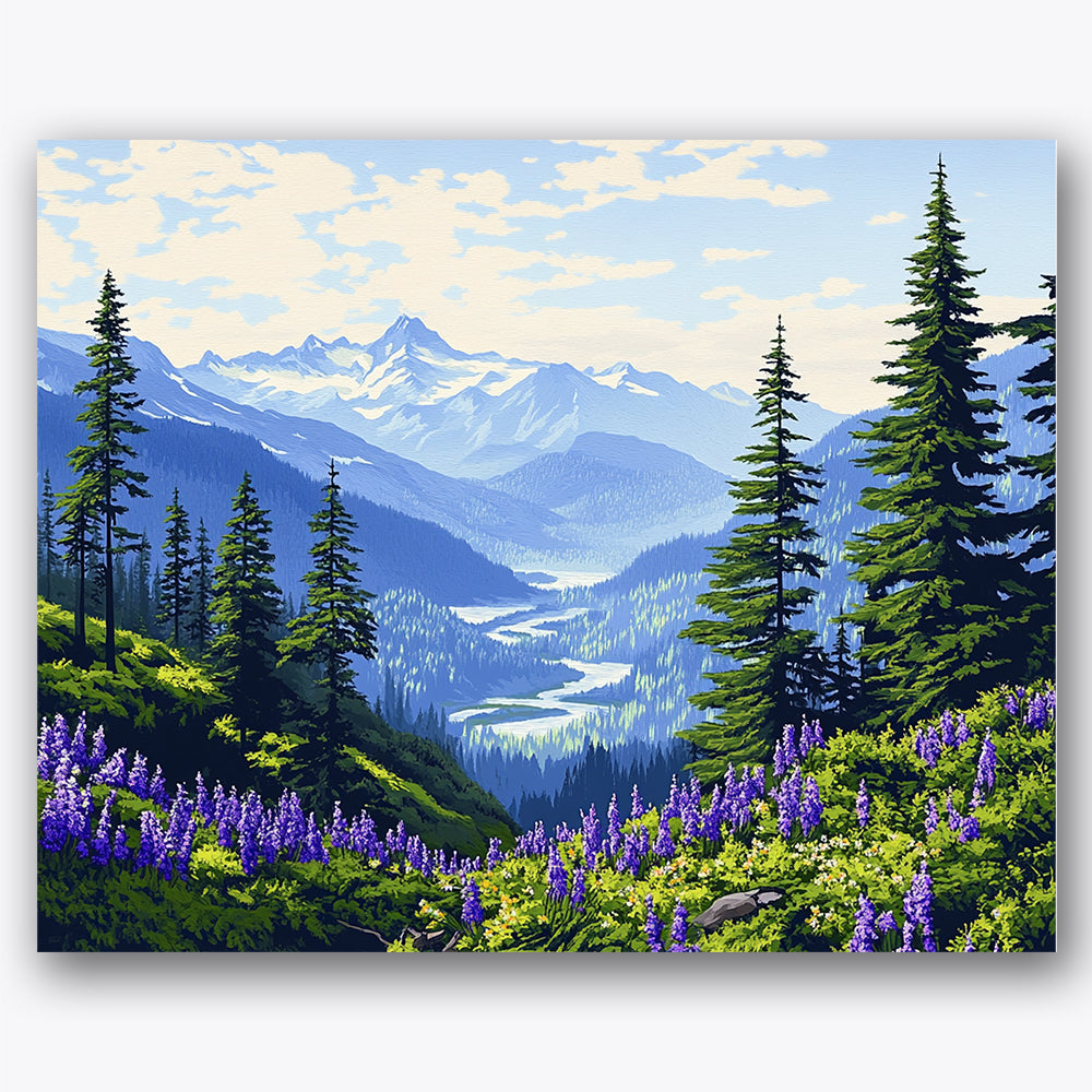 Paint by numbers design of mountains, purple wildflowers, snow-capped peaks, purple wildflowers