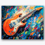 Paint by numbers design of guitar, abstract background, vivid orange guitar, color splashes background