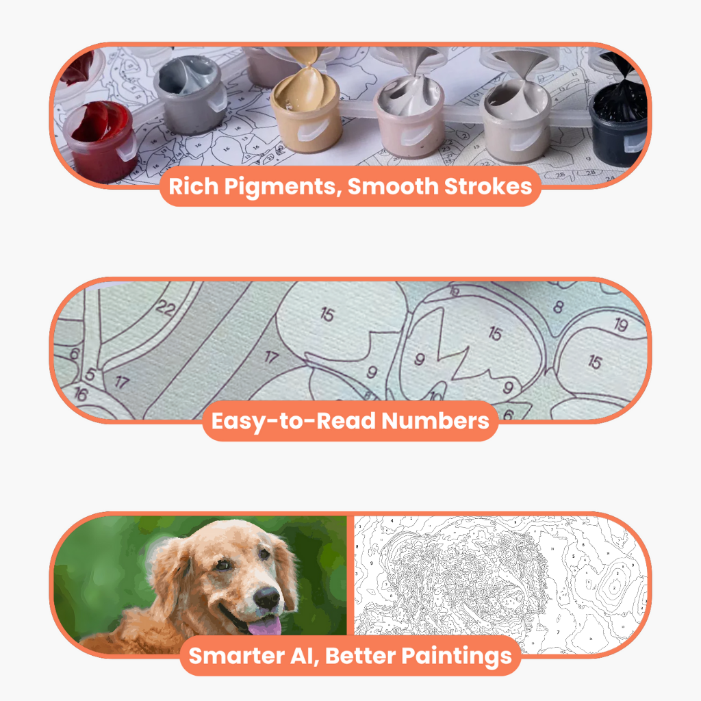 Close-up of UdoPaints kit quality showing rich pigments, easy-to-read numbers, and AI-enhanced paint zones for smooth results.