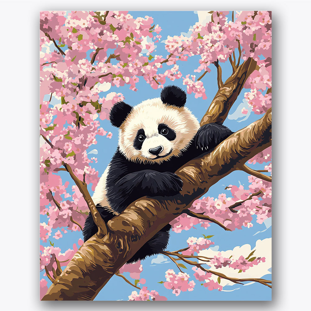 Paint by numbers design of panda, cherry blossoms, panda on tree branch, pink cherry blossoms