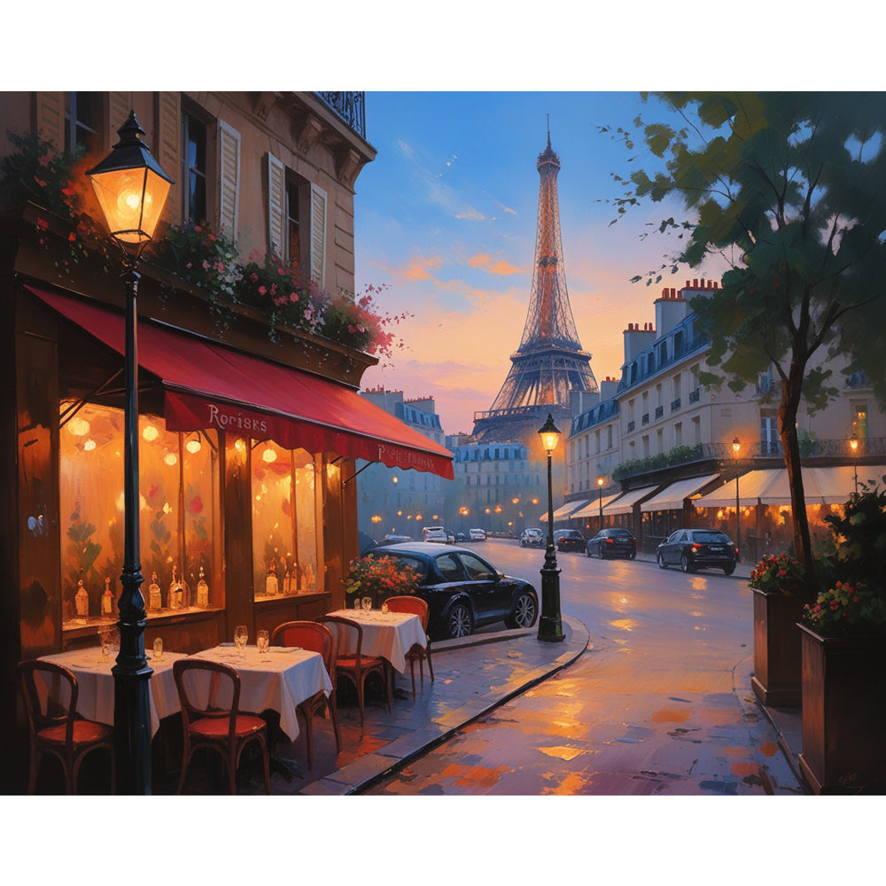 Parisian Street Sunset Paint by Numbers Kit design preview showing the full artwork layout before painting