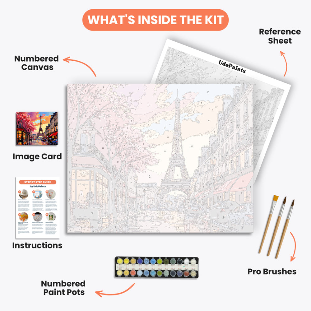 Parisian Streetscape Paint by Numbers Kit – includes numbered canvas, paint pots, brushes, and instructions