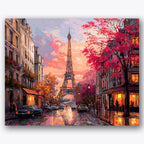 Paint by numbers design of Eiffel Tower, Paris street, glowing cafe windows, pink autumn trees