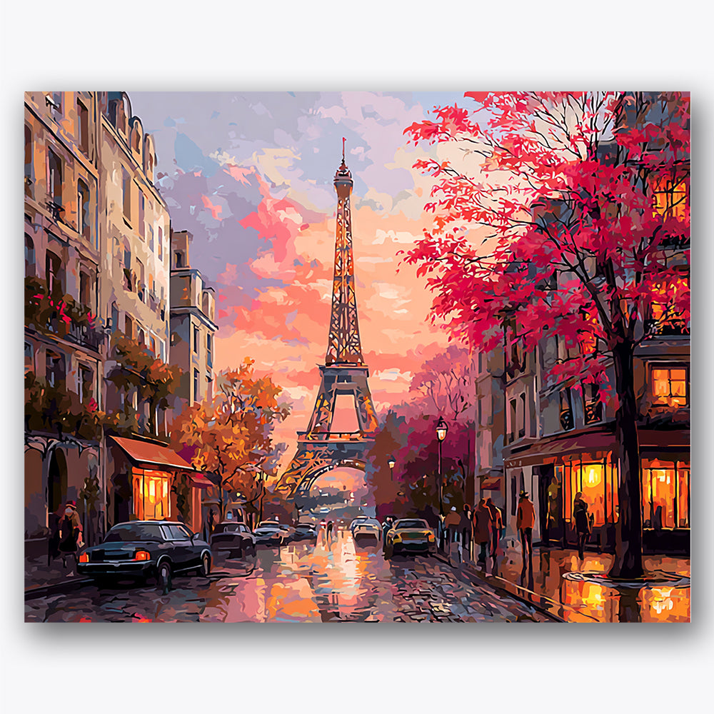 Paint by numbers design of Eiffel Tower, Paris street, glowing cafe windows, pink autumn trees