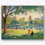 Paint by numbers design of people, park, shade trees, blue tranquil lake