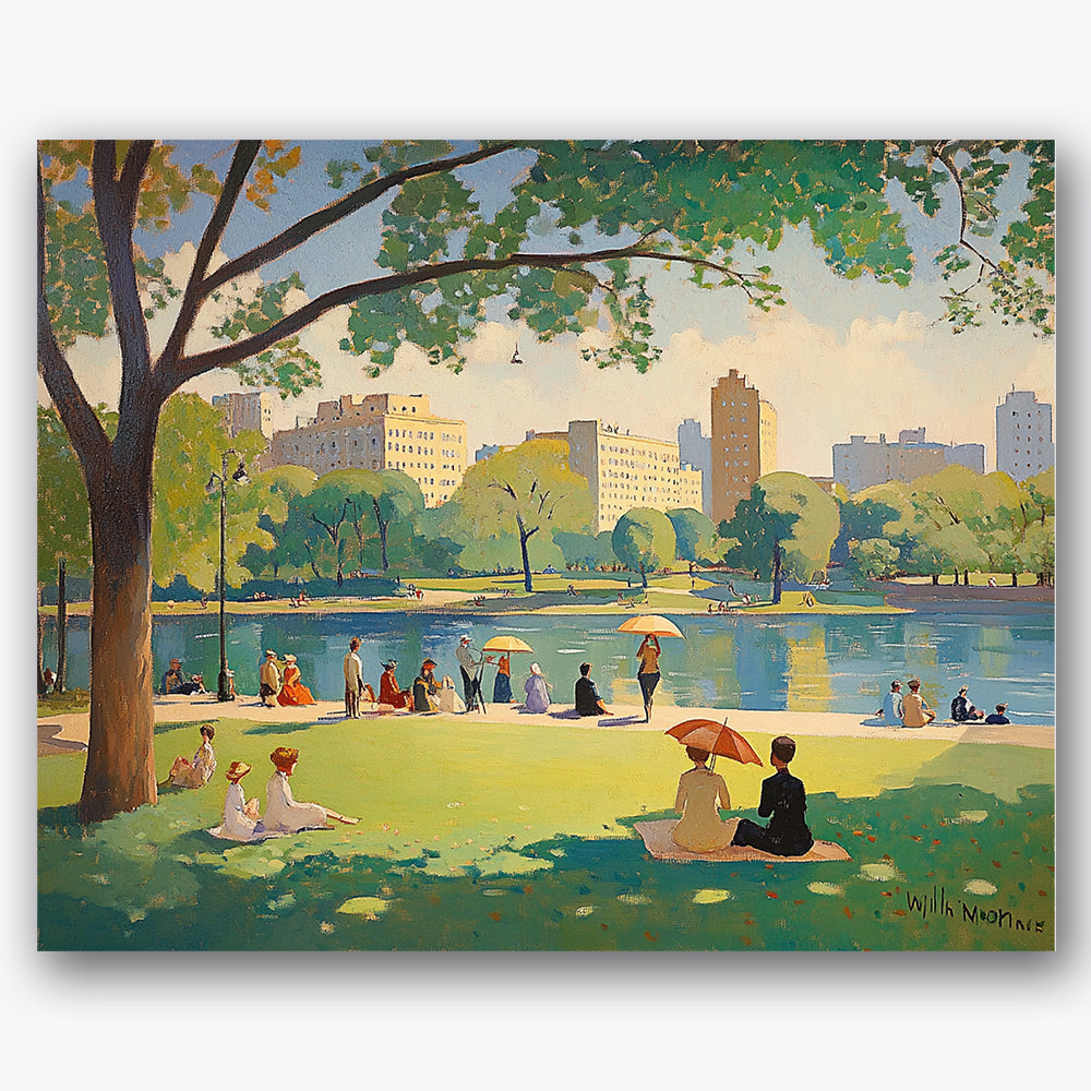 Paint by numbers design of people, park, shade trees, blue tranquil lake