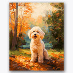 Paint by numbers design of fluffy dog, autumn park, fluffy white fur, vibrant fall leaves