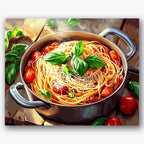 Paint by numbers design of pasta, basil leaves, fresh basil leaves, cherry tomatoes