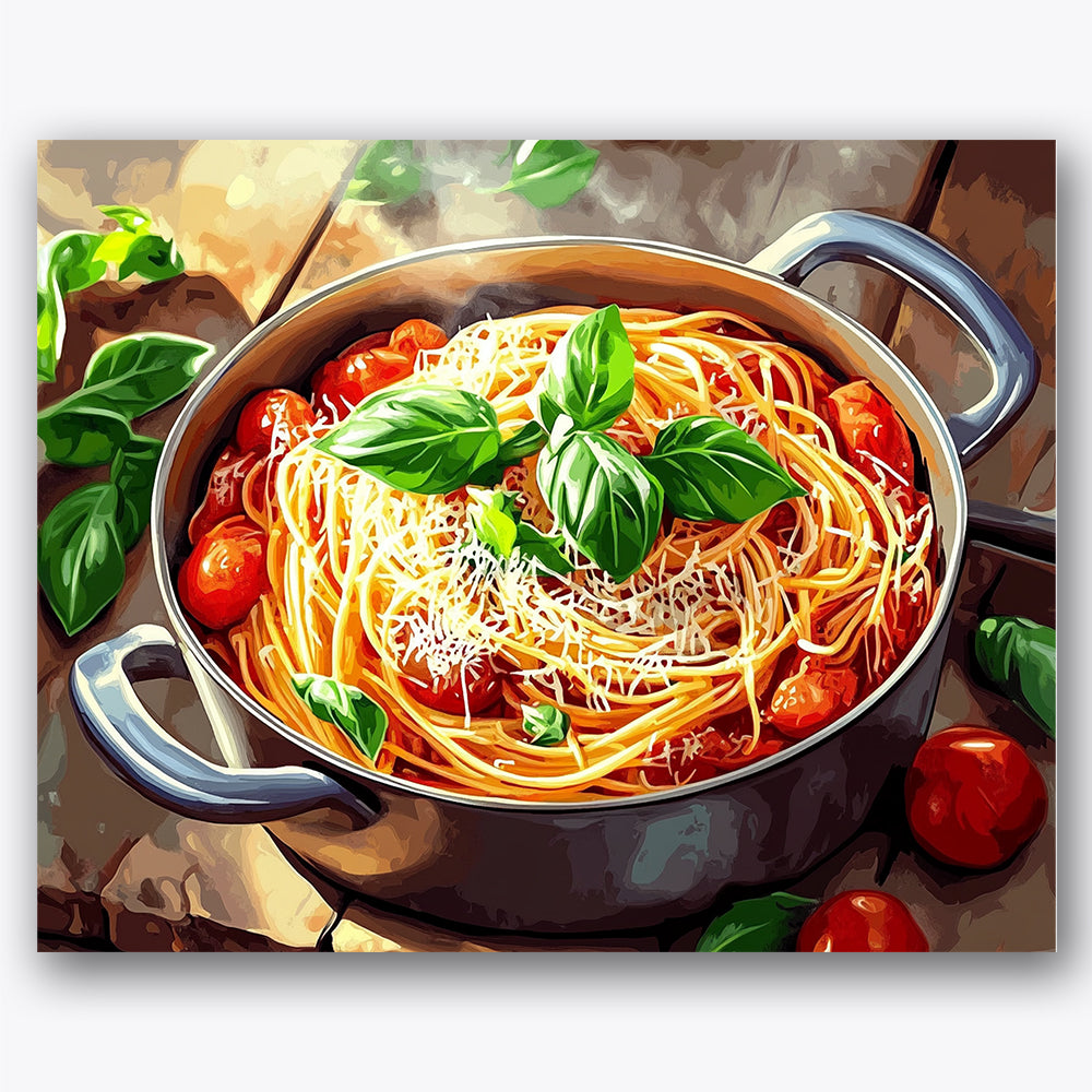 Paint by numbers design of pasta, basil leaves, fresh basil leaves, cherry tomatoes