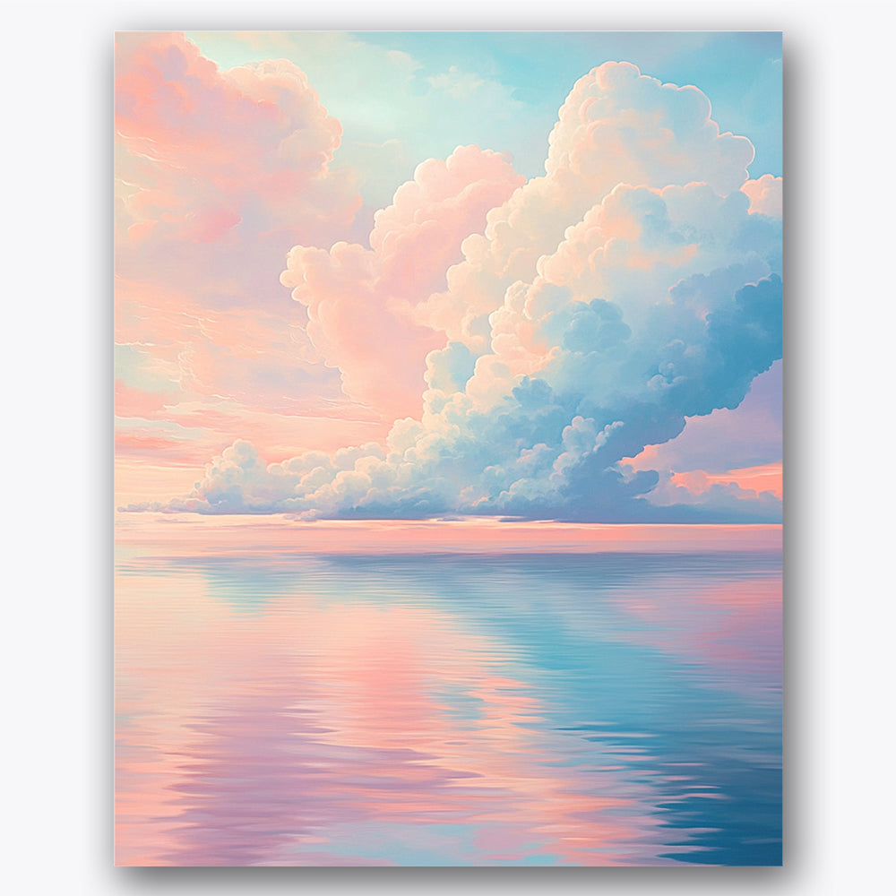 Paint by numbers design of clouds, sea, pastel cloud swirls, soft pink hues, A seascape at sunset with pastel clouds