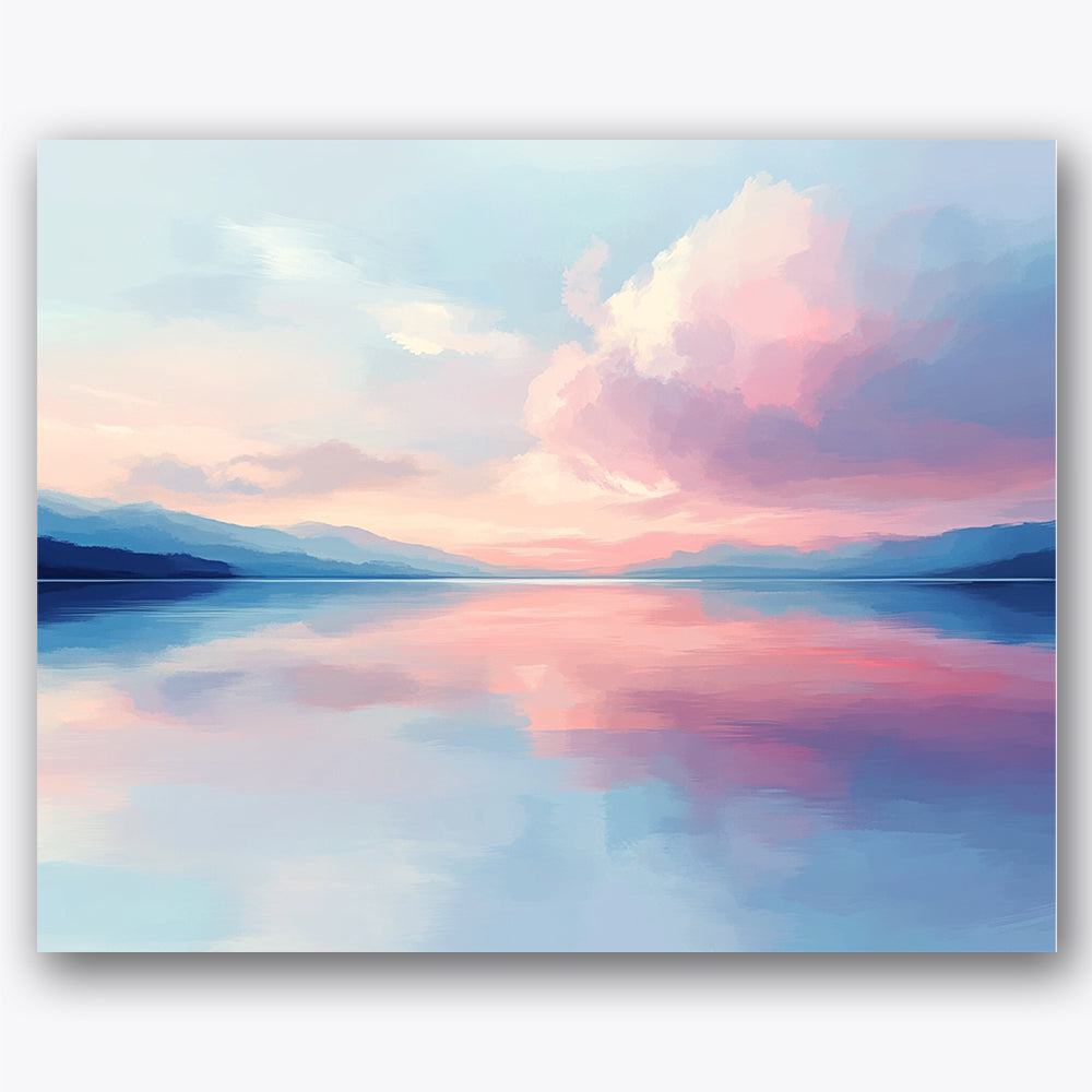 Paint by numbers design of lake, clouds, soft pink clouds, gentle lake reflections