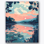Paint by numbers design of lake, sunrise, pink and blue sky, floating water lilies