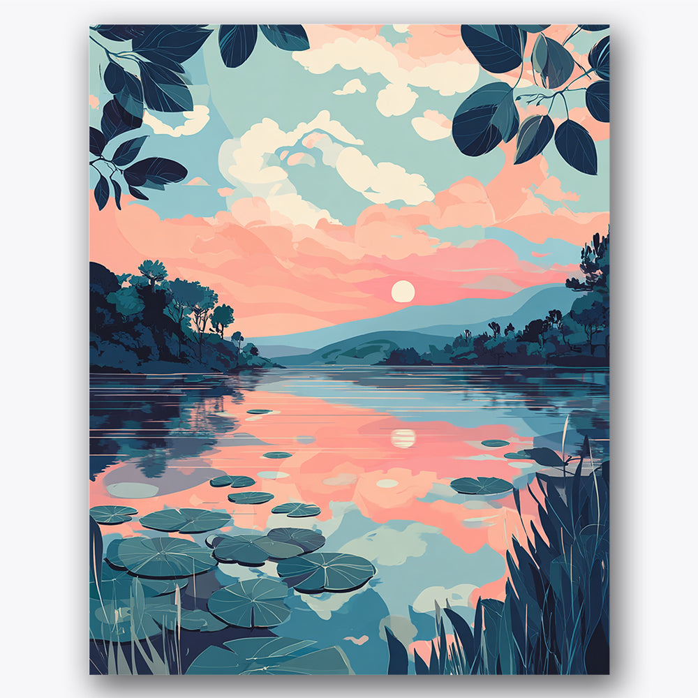 Paint by numbers design of lake, sunrise, pink and blue sky, floating water lilies