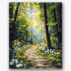 Paint by numbers design of forest path, wildflowers, stone pathway, dappled sunlight