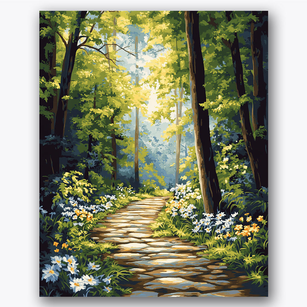 Paint by numbers design of forest path, wildflowers, stone pathway, dappled sunlight