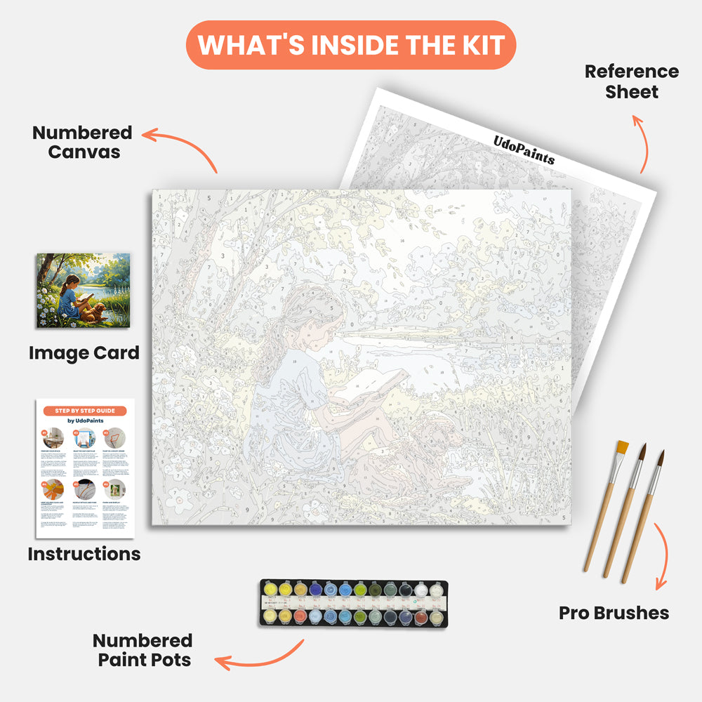 Peaceful Reading Paint by Numbers Kit – includes numbered canvas, paint pots, brushes, and instructions