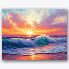 Paint by numbers design of beach sunset, crashing waves, vibrant sunset sky, crashing turquoise waves