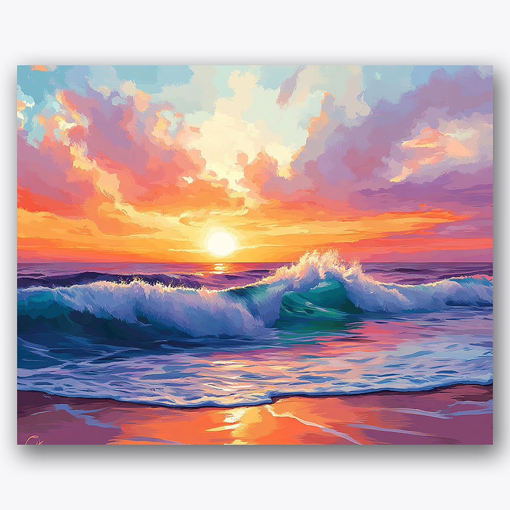 Paint by numbers design of beach sunset, crashing waves, vibrant sunset sky, crashing turquoise waves