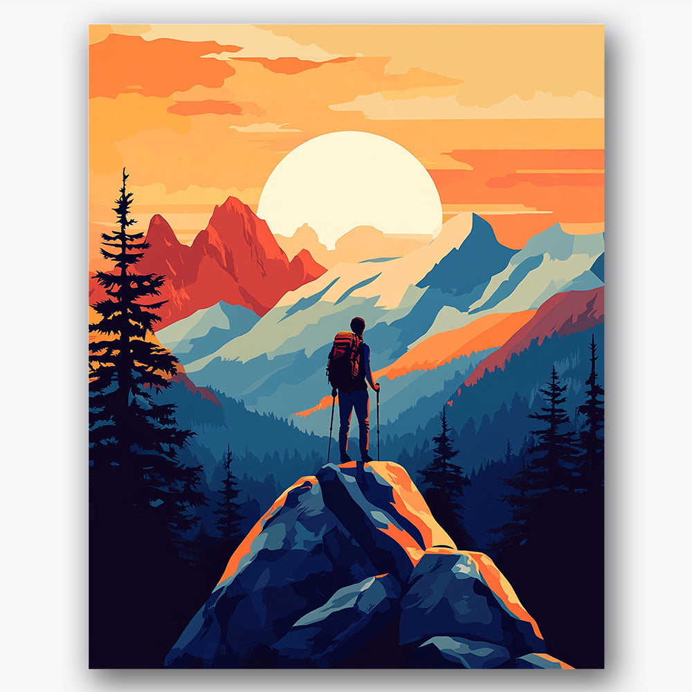 Paint by numbers design of hiker, mountains, vivid sunset sky, silhouetted hiker, A lone hiker stands on a rocky peak