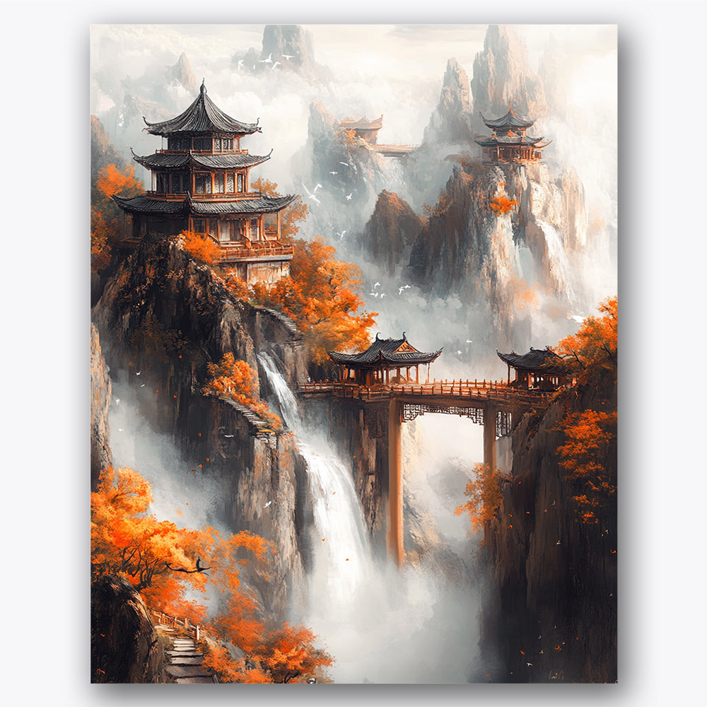 Paint by numbers design of pagoda, waterfalls, vibrant autumn foliage, misty mountain peaks