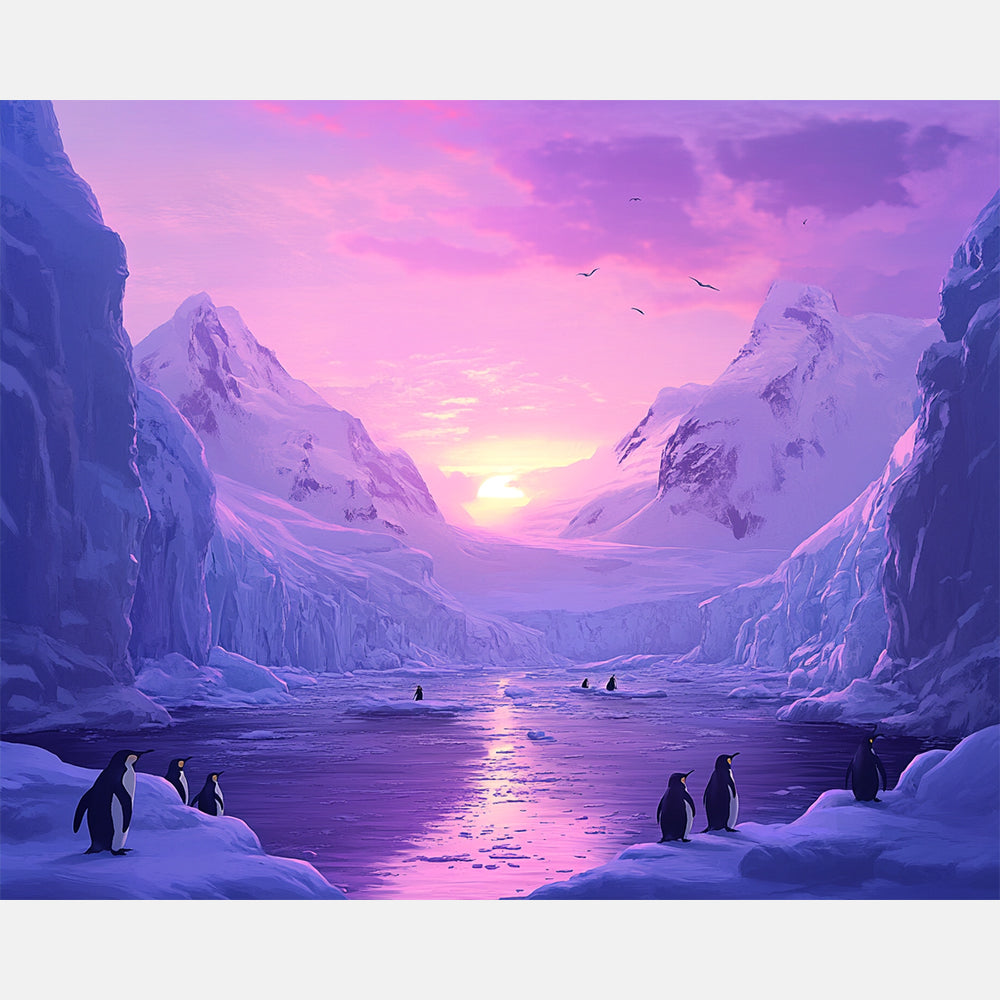 Penguin Dusk Paint by Numbers Kit design preview showing the full artwork layout before painting
