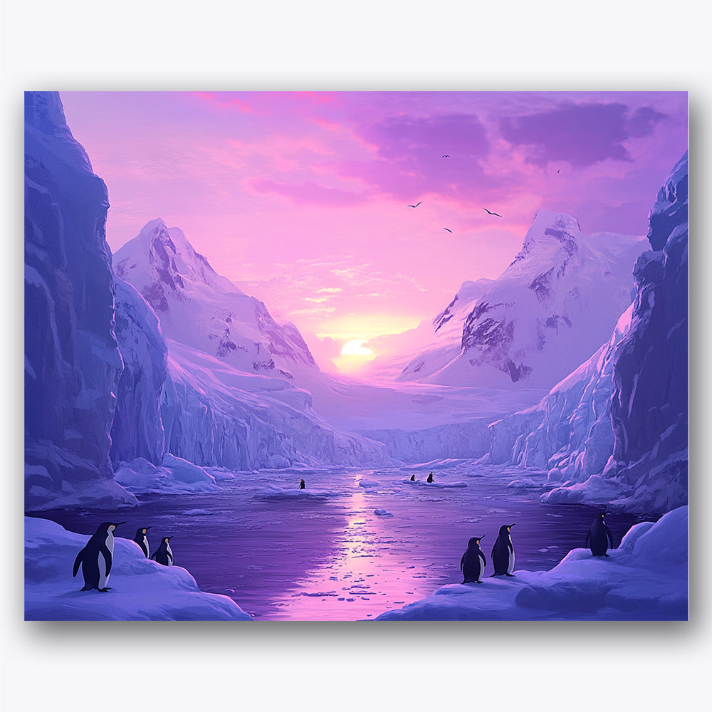 Paint by numbers design of penguins, glacier, vivid purple sky, glacial reflections