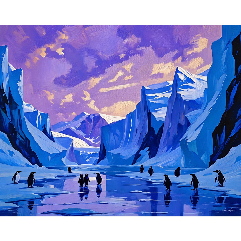 Penguins at Dusk Paint by Numbers Kit design preview showing the full artwork layout before painting